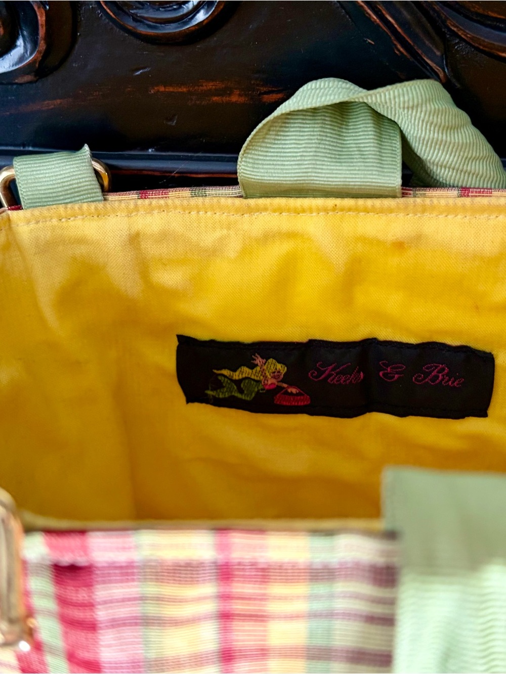 Plaid Straw Tote Bag with Bamboo Handles in Red & Green - Picture 10 of 11